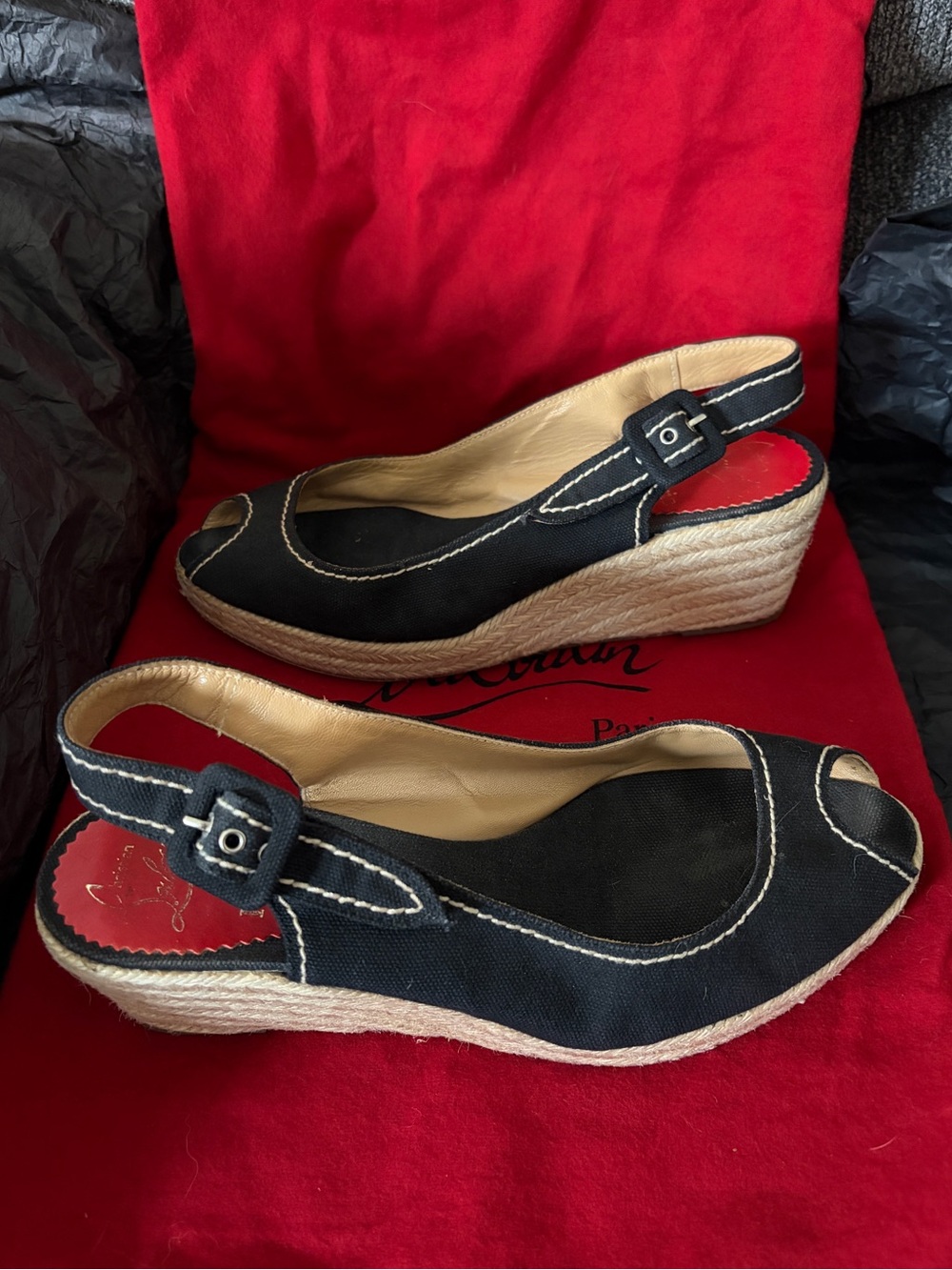 Christian Louboutin Black Canvas Espadrille Wedge Slingback Shoes EU 39